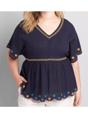 Lane Bryant Embroidered Floral Babydoll Top Size 22 Navy Blue V Neck Cotton Boho